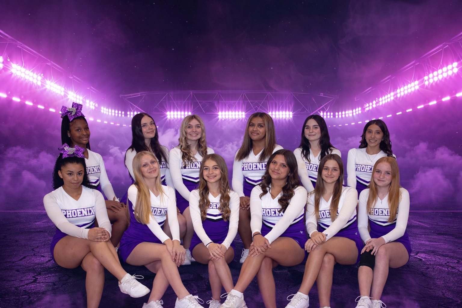 Phoenix cheer team together in purple and white uniforms